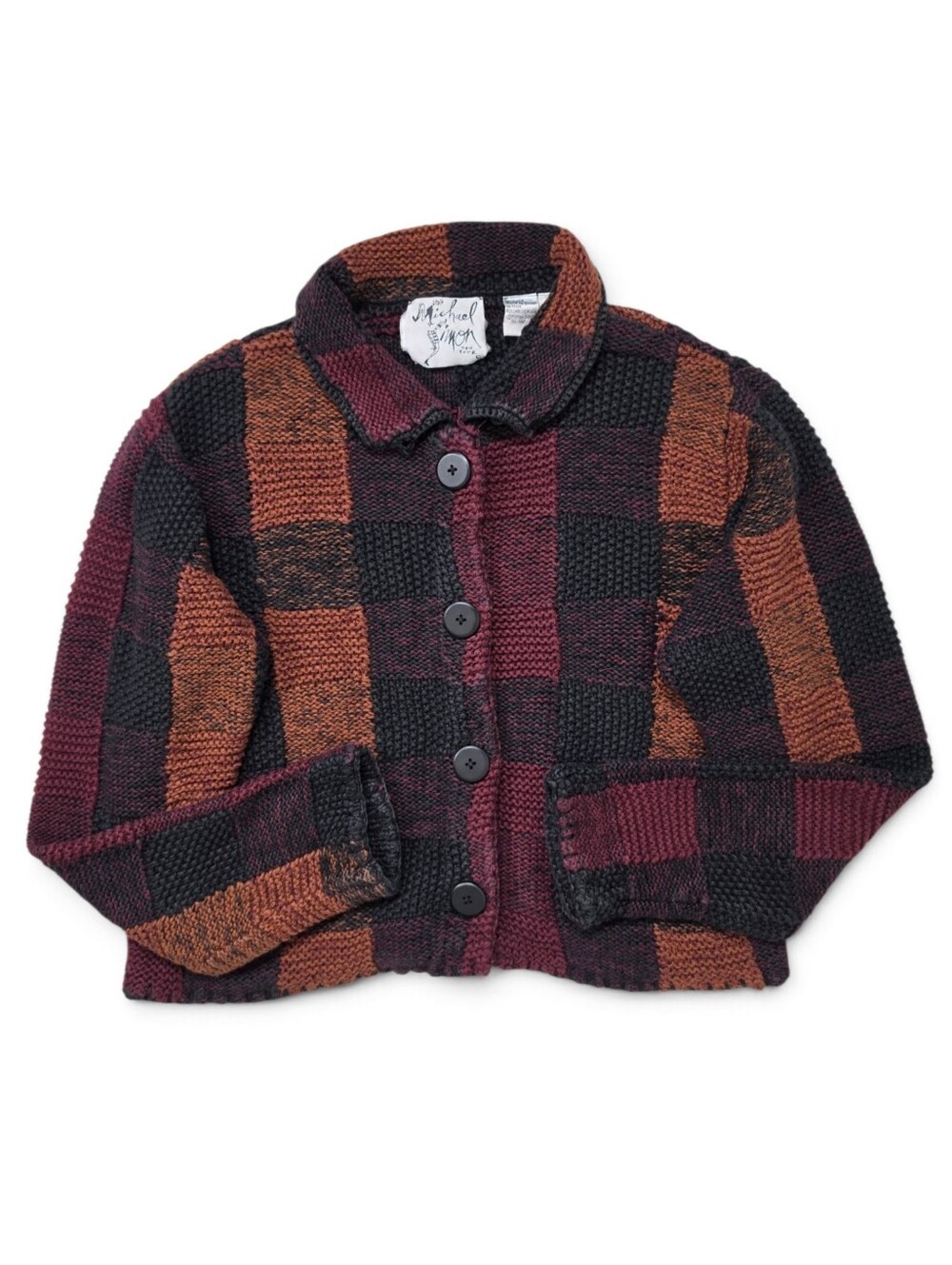 Michael Simon Patchwork Knit Button-Up Cardigan Earth Tone Button-Up Sweater - Picture 13 of 13